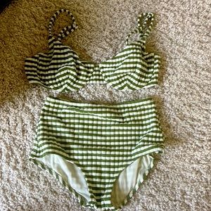 Solid and Striped high waisted bikini Green White